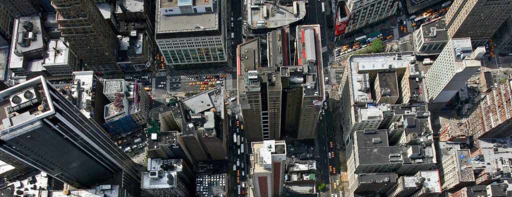 Aerial view of city with high rise