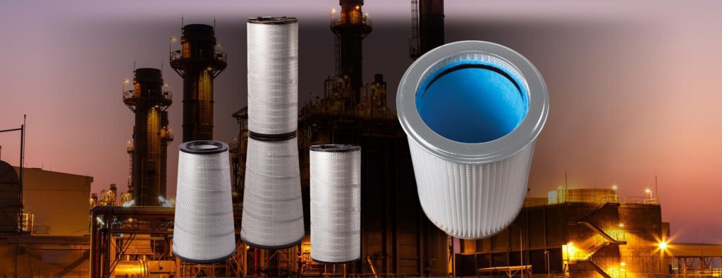 cartridge filters with background image of industrial plant