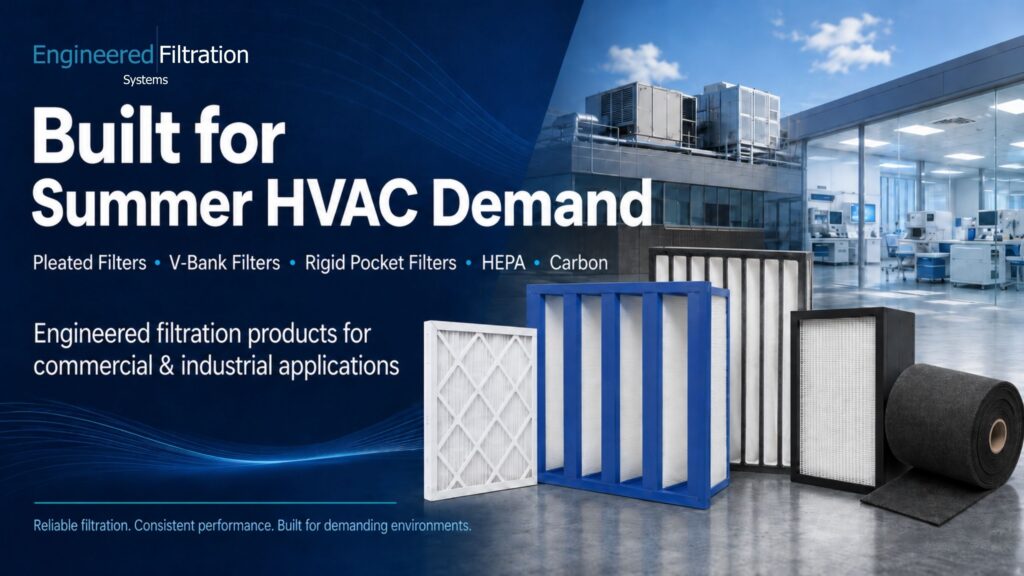 Commercial air filters for summer HVAC demand including V-bank, HEPA, pocket, and carbon filtration products