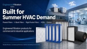 Commercial air filters for summer HVAC demand including V-bank, HEPA, pocket, and carbon filtration products