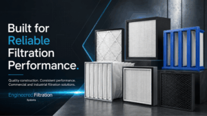 Commercial and industrial air filtration products displayed for Engineered Filtration Systems